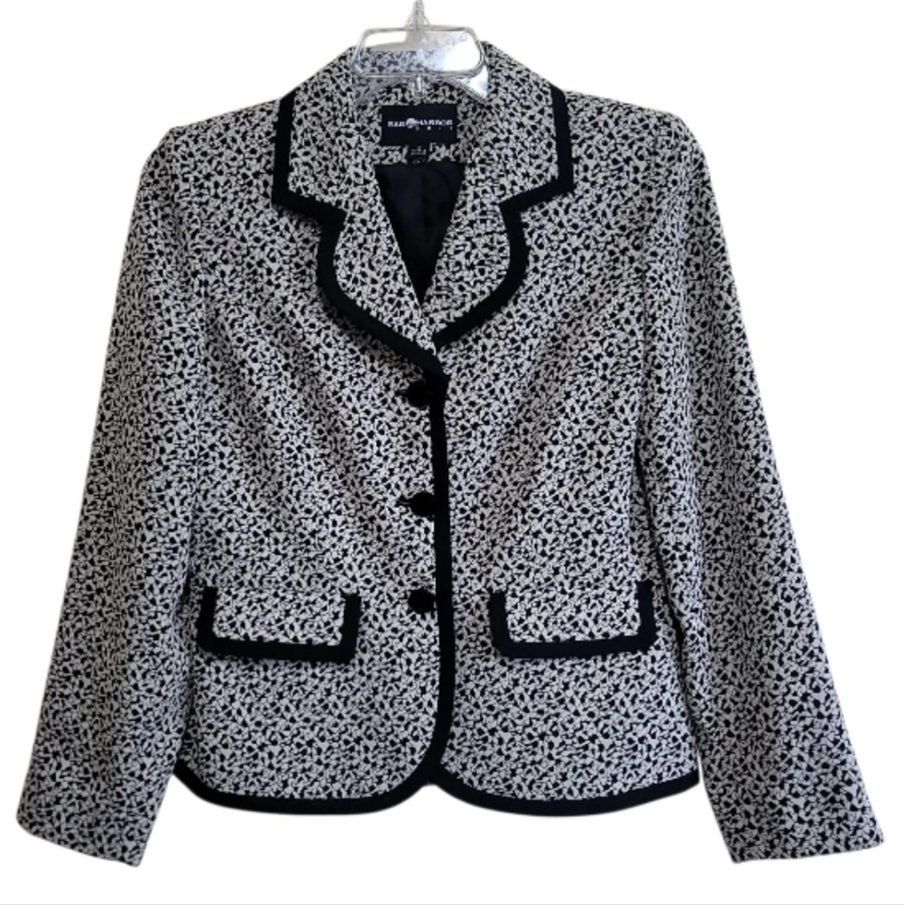SAG HARBOR Womens Black-Beige LongSleeve Lined Textured Blazer Size 8